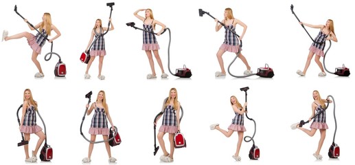 Fototapeta na wymiar Young woman with vacuum cleaner on white