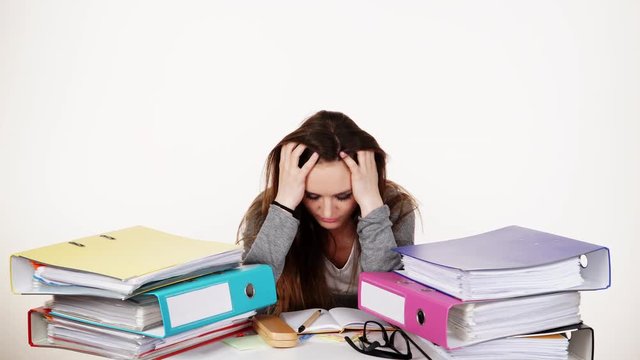 woman tired with stack of folders documents 4K