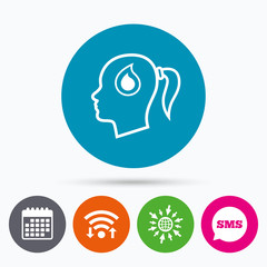 Head with drop sign icon. Female woman head