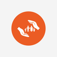 Family life insurance sign icon. Hands protect.