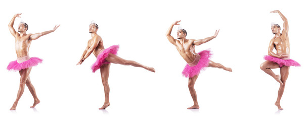 Man wearing ballet tutu isolated on white