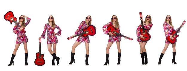 Woman guitar player isolated on white