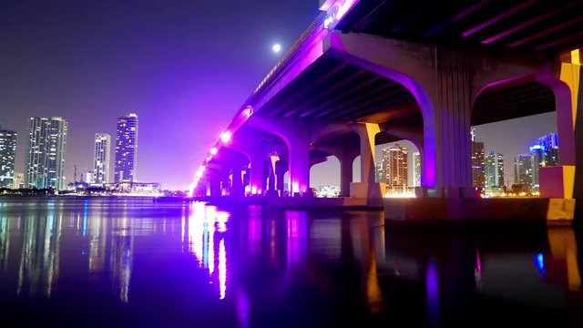 Time lapse shot of Mc Arthur Causeway Bridge to Miami Beach at night - Miami Timelapse 4k - MIAMI, FLORIDA - APRIL 10, 2016