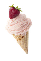 a cone of strawberry ice cream with strawberry topping