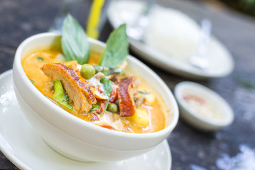 Red curry with roast duck  or Thai call Kaeng Pled Ped Yang the popular delicious Thai food.