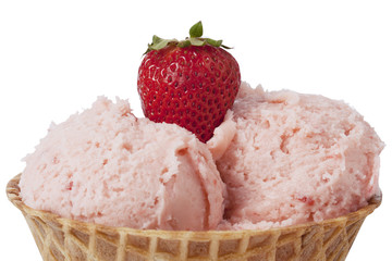 cone of strawberry ice cream closed up