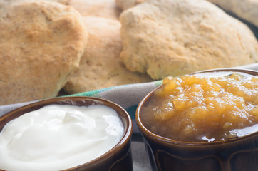 breakfast with buns, jam and  cottage cheese