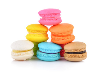 colourful french macaroons or macaron on white background