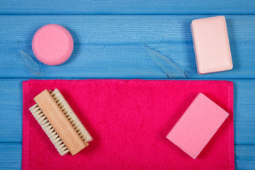 Accessories and cosmetics for personal hygiene in bathroom, concept of body care, copy space for text