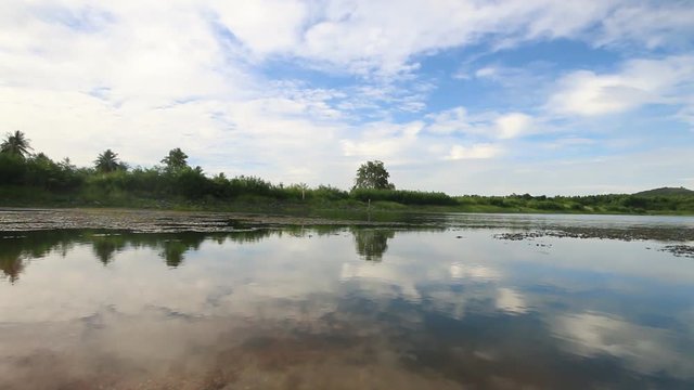 Video panning of Landscape scene of nature lake with blue sky , Eastern of Thailand 