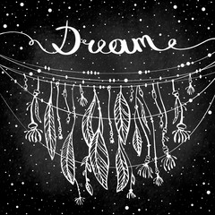 dreamcatcher, dream, lettering and decoration of white feathers on a black background. Ethnic, hippie, boho style. Vector illustration