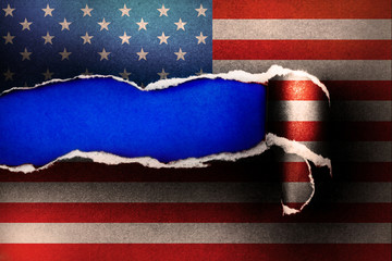 American flag on Torn Paper and space with sky blue paper 