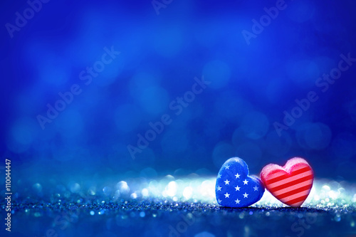 American flag Heart shapes on abstract light glitter background