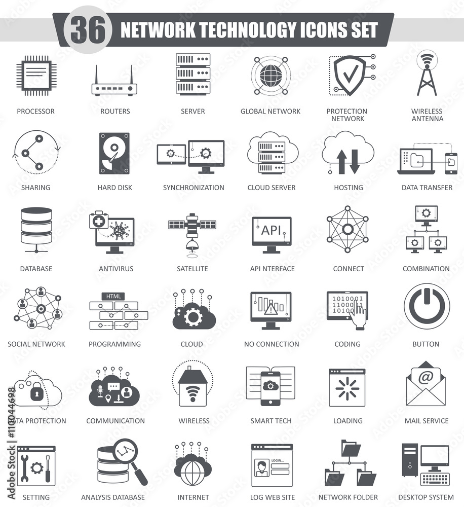 Poster vector network technology black icons set. dark grey classic icon design for web.