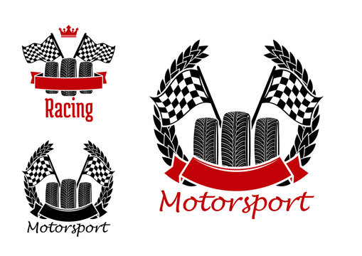 Motorsport competition icons with wheels and flags