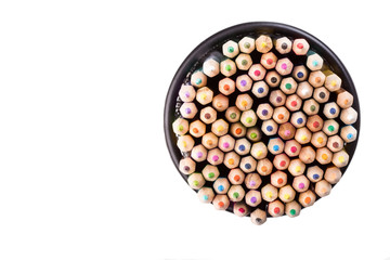 Set of color pencils in a black office bin