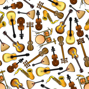 Classic, ethnic music instruments seamless pattern