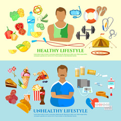 Healthy lifestyle and unhealthy lifestyle banner