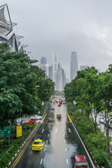 Aerial view of cloudy raining road in Singapore city