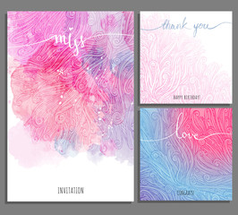 creative Set pink blue universal cards. Art background with curls, watercolor stains. Wedding, anniversary, birthday, Valentin's day, party invitations, love, miss, thank you, congratulation.