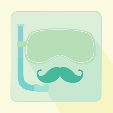Diving mask with snorkel flat square icon with long shadow and hipster moustache