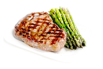 Barbecue grilled beef steak meat with asparagus