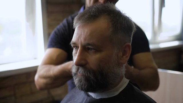 Stylish Barber works with the haircut. Client aged with gray hair and beard. 