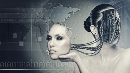Cyborg woman, abstract science and technology backgrounds