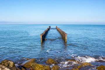Landscape of sea with Breakwater. black sea.