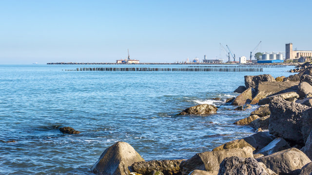 Landscape of sea with Breakwater. black sea.