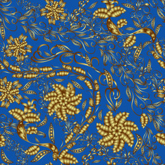 A seamless background gold damask pattern. Hand drawing a lacy floral motif wallpaper. Paisley Ethnic jewelry texture. EPS8 vector buta backdrop.
