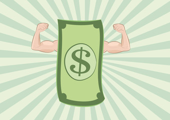 vector illustration of dollar banknote showing muscle arms on green sunburst background. money power concept. eps 10