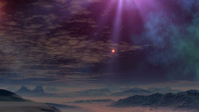 UFO flies up on a beam of light. The bright glowing object (UFO) flies up from the horizon, moving rapidly up the beam of light and disappears in it. 