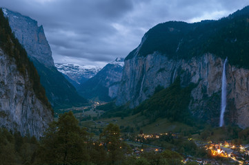 Lauterbrunnen valley at dusk in the Bernese Alps, Switzerland.