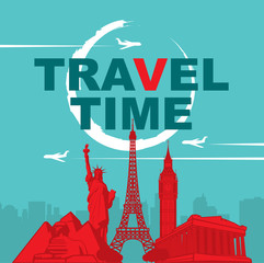 banner travel time with architectural landmarks and the flying plane