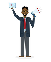 Business man with book and megaphone on white background. Isolated african american businessman holding loudspeaker and book. Announcement and advertising. Attention please. Loud voice.