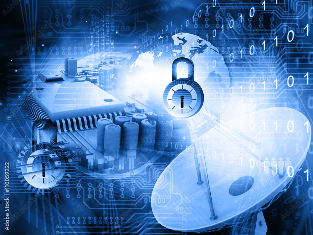 Poster internet security. pad lock on digital tech background