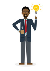 Businessman with idea bulb and coffee cup on white background. Isolated character. African american businessman pointing at idea bulb. Concept of successful job.