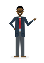 Businessman pointing on white background. Isolated caharacter. African american instructor and adviser. 