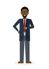 Businessman with thump up on white background. African american white-collar gesturink thumb up. Successful and positive consultant. Greeting or agreement.