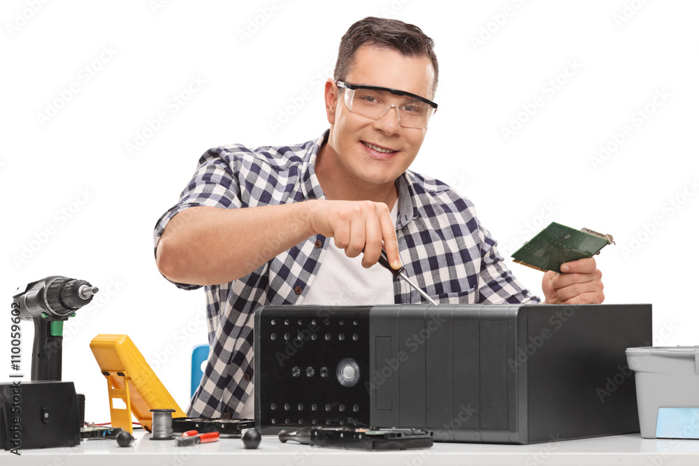 Sticker young pc repairman fixing a computer