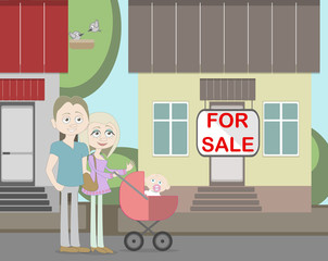 Young family with for sale house. Family search for new house. House with for sale sign. Happy new family. Parents and newborn child. 