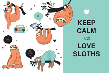 Cute hand drawn sloths illustrations, funny vector design © Marina Zlochin