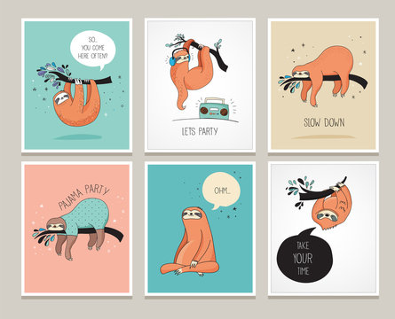 Cute hand drawn sloths illustrations, funny cards