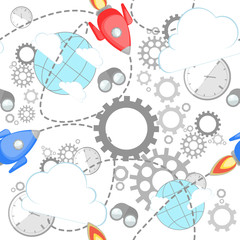 Industrial pattern on white background. Wrench, clock, cog, gear, clouds, planet and rocket. Abstract concept of teamwork, successful business and communication. 