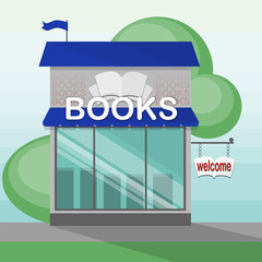 Books shop building. Bookstore storefront. Urban architecture. Modern street facade. Literature and education. Welcome sign.