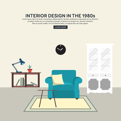 Retro interior living room with armchair, lamp, modern clock, coffee table, cabinet, plant. Flat design. Vector illustration.