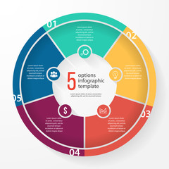 Vector business pie chart template for graphs, charts, diagrams. Business circle infographic concept with 5 options, parts, steps, processes. © rikkyal