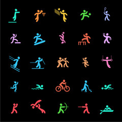 Sports icons set. Colored on black.