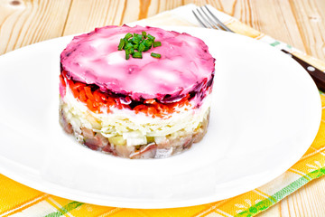 Russian Shuba Salad with Beetroot, Potatoes, Carrots and Herring